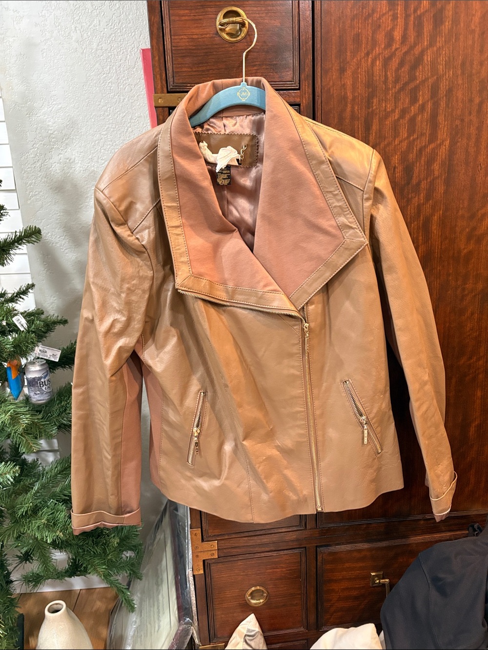 IMAN Slim-Fit Light Brown Leather Moto Jacket